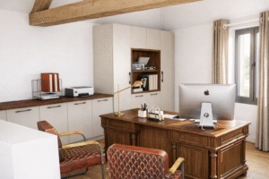 Aménagement d'un bureau de direction à Tarbes : bureau ancien en bois massif, fauteuils en cuir vintage, rangements contemporains sur-mesure et poutres apparentes.