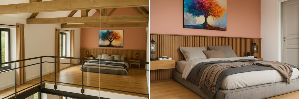 Aménagement d'une chambre en mezzanine à Tarbes : tête de lit en tasseaux de bois, mur terracotta, charpente apparente et décoration cosy sous les toits.