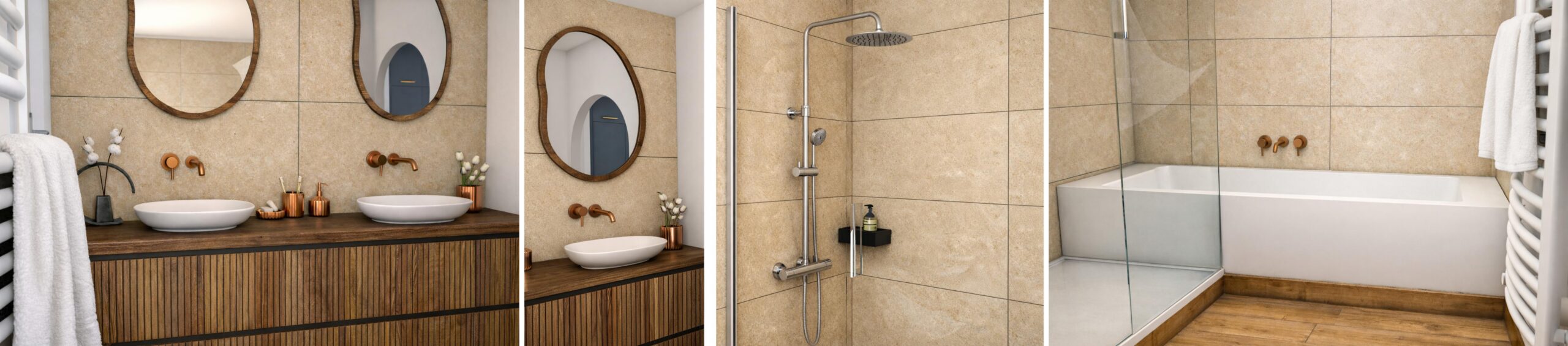 amenagement-salle-de-碰ain-moderne-bois-cuivre-pierre.jpg Aménagement de salle de bain moderne avec meuble double vasque en bois strié, robinetterie en cuivre, douche à l'italienne et baignoire blanche sur carrelage effet pierre.
