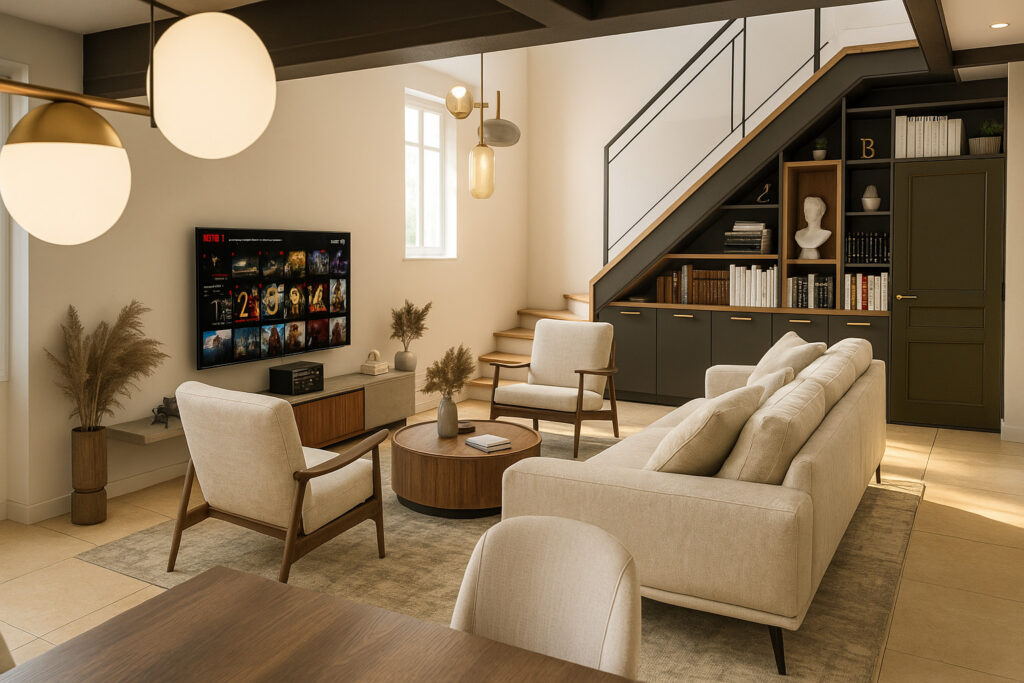 Décoration de salon à Tarbes : bibliothèque sur-mesure sous escalier, canapé beige moderne, fauteuils rétro et table basse ronde dans un espace lumineux.