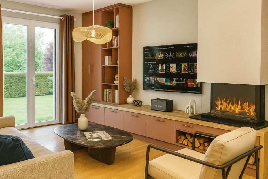 « Salon moderne avec meuble TV et bibliothèque sur mesure terracotta avec cheminée d'angle. »