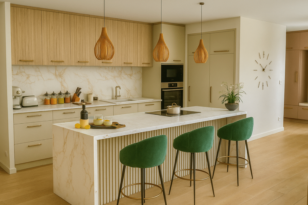 cuisine-moderne-sur-mesure-ilot-marbre-blanc.jpg Cuisine moderne sur-mesure avec îlot central en marbre blanc, tabourets en velours vert et suspensions design en bois.