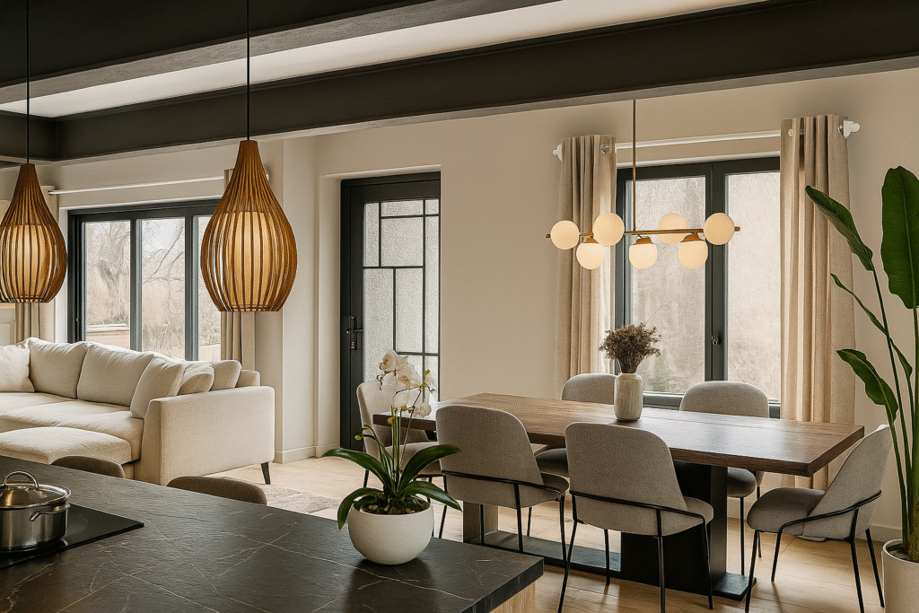 Aménagement salle à manger à Tarbes : table en bois massif, chaises scandinaves grises et luminaires boules dorés, dans un intérieur style industriel avec poutres IPN.