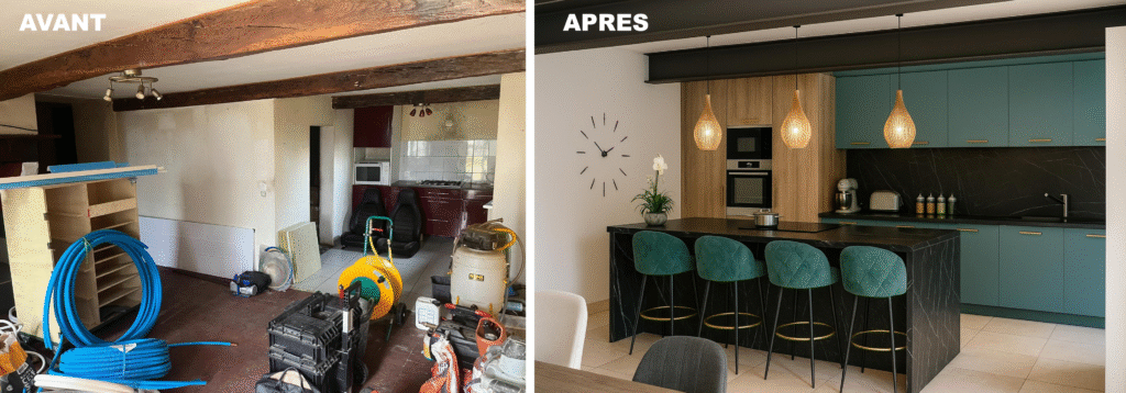 "Rénovation complète d'une cuisine à Tarbes : transformation d'une pièce rustique en cuisine moderne avec îlot central noir marbré et meubles bleu canard."