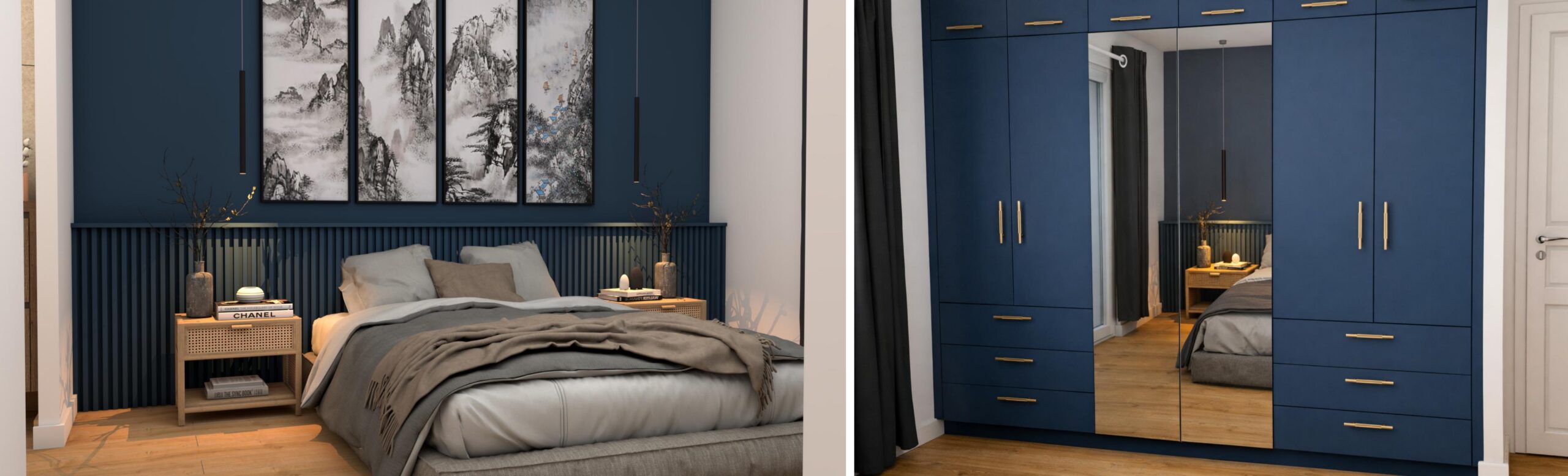 suite-parentale-bleue-chambre-dressing-sur-mesure.jpg Aménagement complet de suite parentale bleue : chambre avec tête de lit à tasseaux et grand dressing sur mesure avec portes miroirs et poignées dorées.
