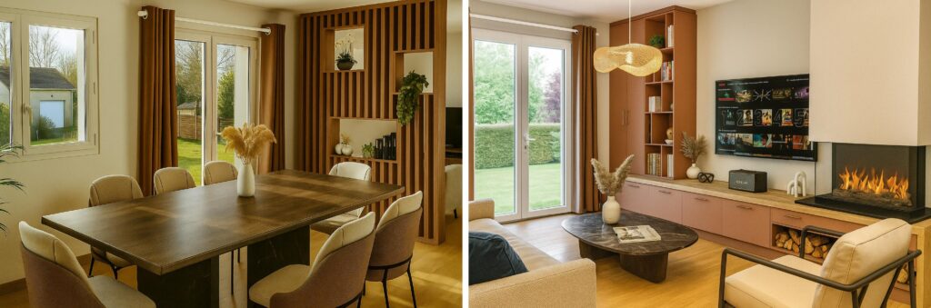 vue-panoramique-salon-salle-a-manger-terracotta-claustra.jpg Vue panoramique d'une pièce de vie moderne comprenant une salle à manger avec claustra en bois et un salon avec meuble TV terracotta et cheminée.